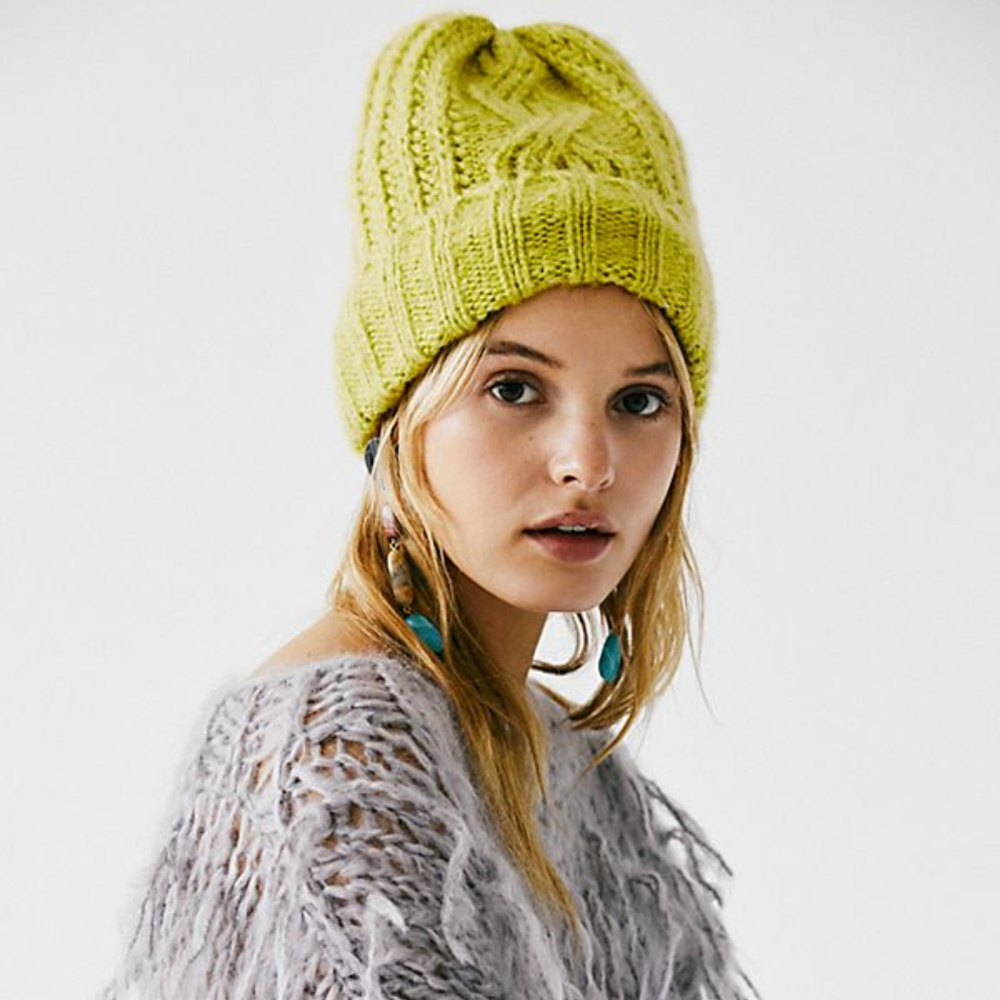 Free People Harlow Cable Knit Beanie - Chartreuse